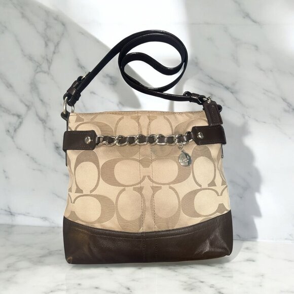 Coach Purse Khaki Sateen Signature Canvas Brown Leather Chain Bag F18862 Convert - Picture 3 of 9